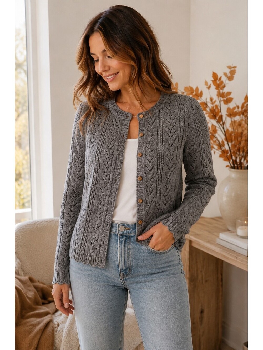 Reitmans Gray 100% Cotton Cable Knit Cardigan – M
